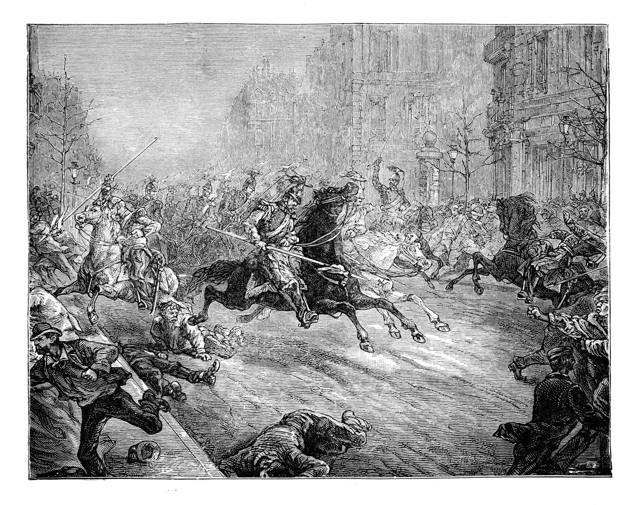 O golpe de Estado, lanceiros cobrando a multidão nas avenidas de Paris, século XIX de Unbekannt