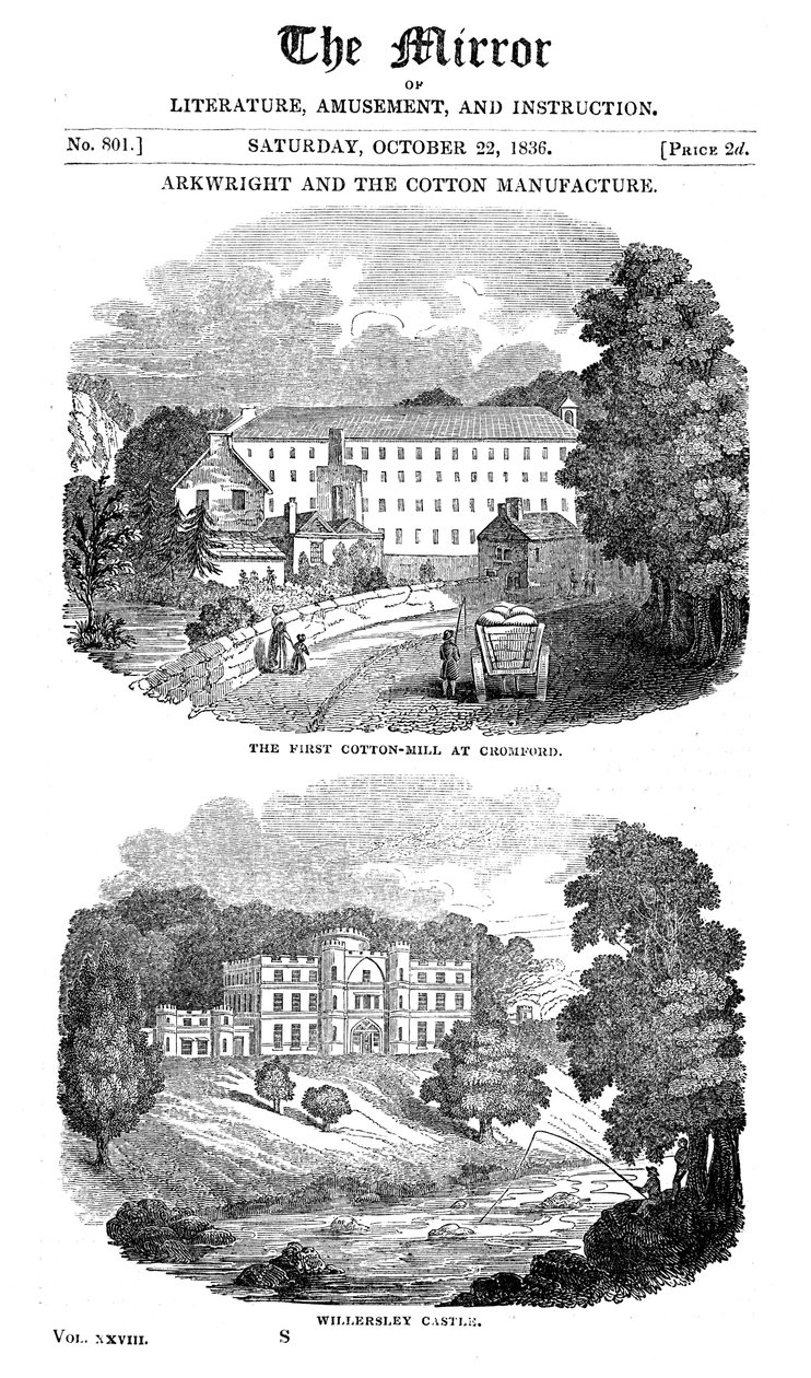 O primeiro moinho de algodão na casa de Cromford, Derbyshire e Richard Arkwrights, 1836 de Unbekannt