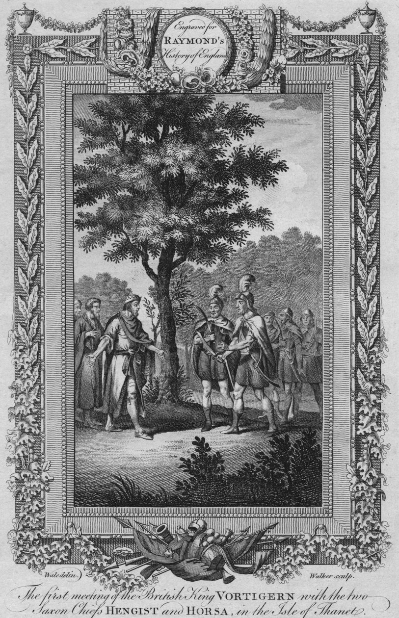 A primeira reunião do rei britânico Vortigern com os dois chefes saxões Hengist e Horsa, c1787 de Unbekannt