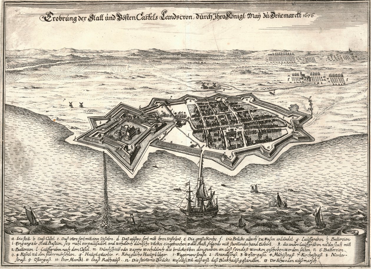 As fortificações de Landskrona, Suécia, capturadas pelos dinamarqueses na Guerra da Scania, 1676 de Unbekannt
