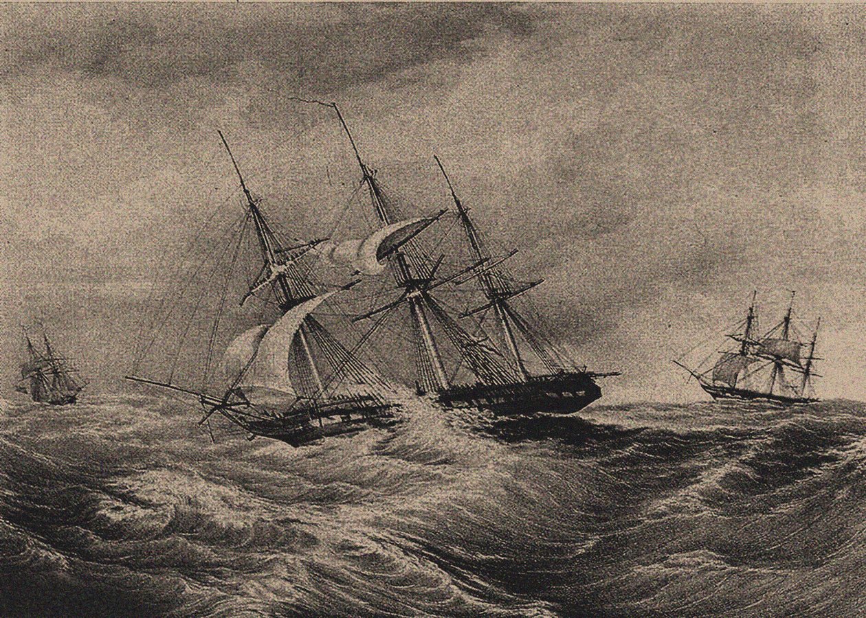 A fragata Kreiser e a chalupa Ladoga na costa da América 1823, 1900s-1910s de Unbekannt
