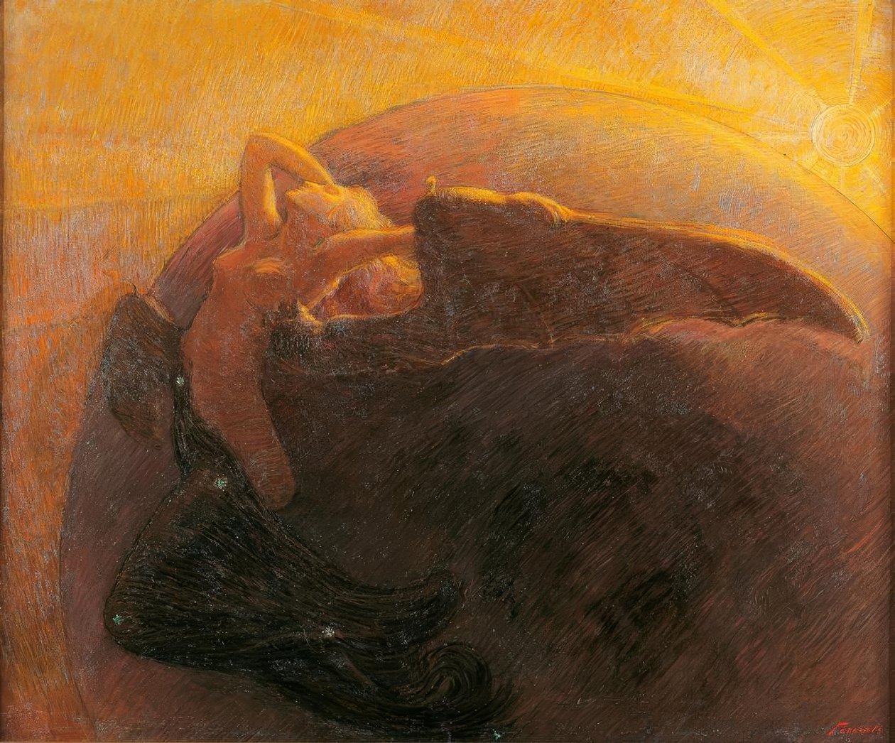 O sol dourado desperta a lua retratada como uma mulher alada de Unbekannt