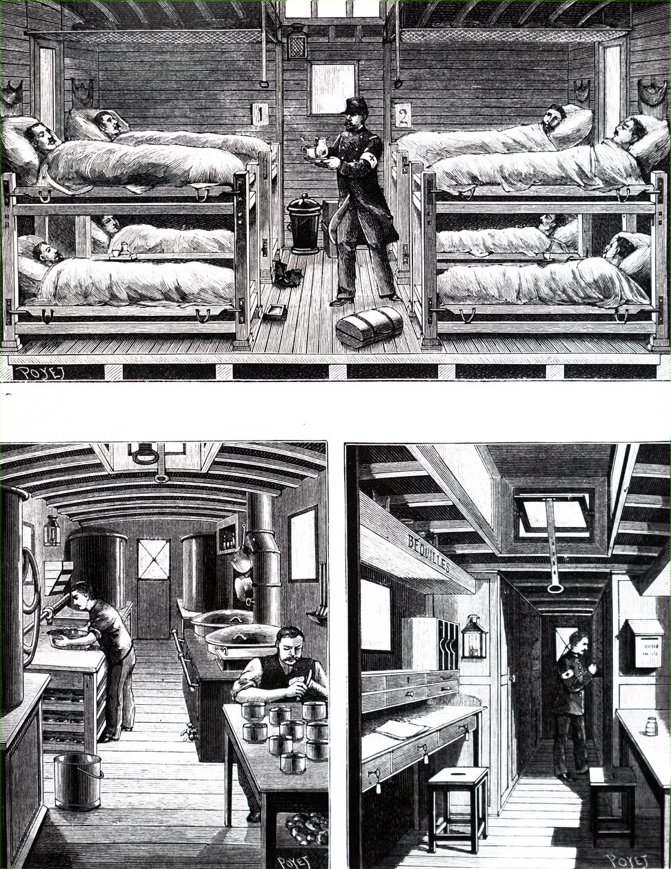 O interior de um comboio de um hospital militar francês. de Unbekannt
