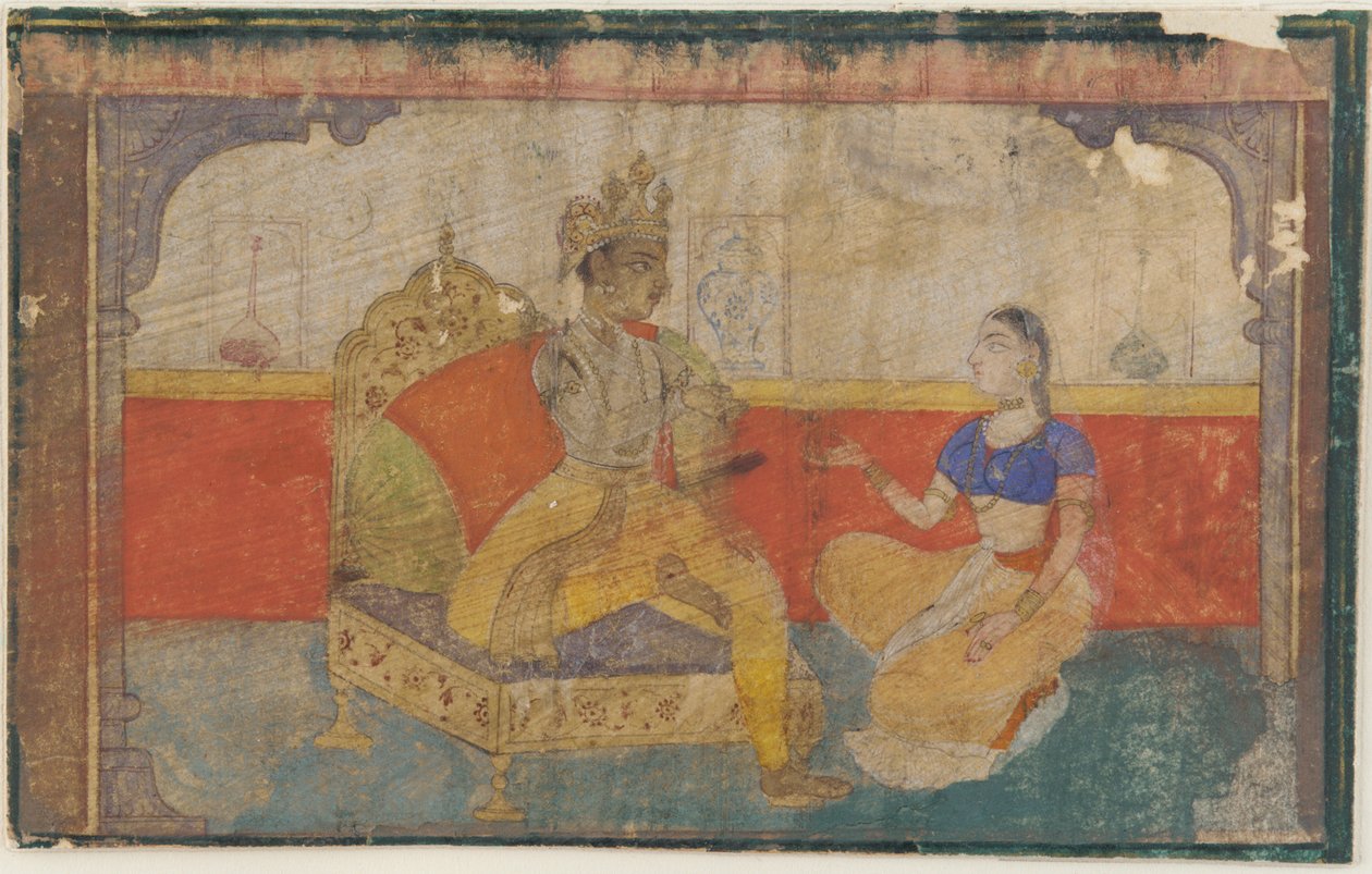 O amante Krsna em conversa com o mensageiro do amado, de um Rasikapriya, ca. 1617. de Unbekannt
