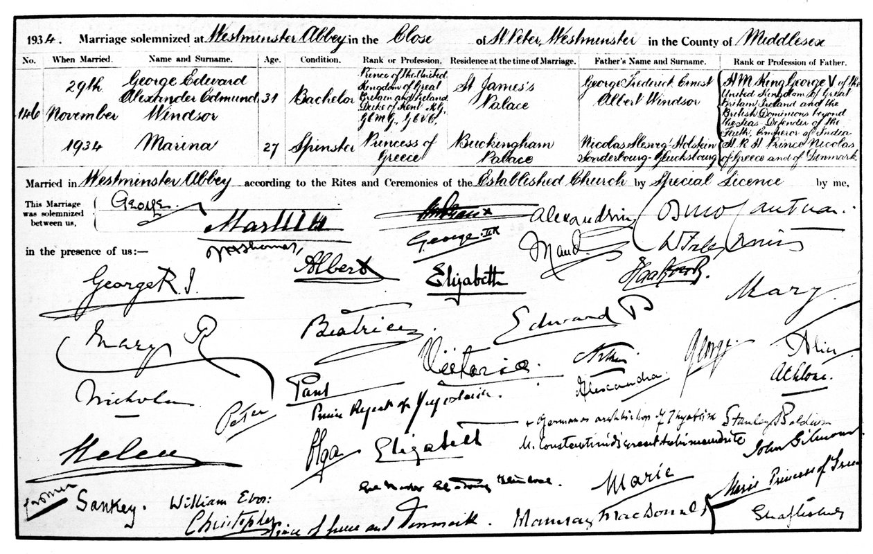 A certidão de casamento do duque e da duquesa de Kent, 1934 de Unbekannt