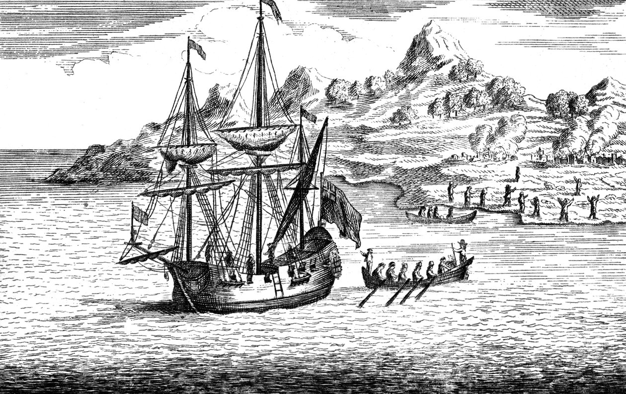 O massacre e a queima de duas aldeias em Madagascar, século XVI de Unbekannt