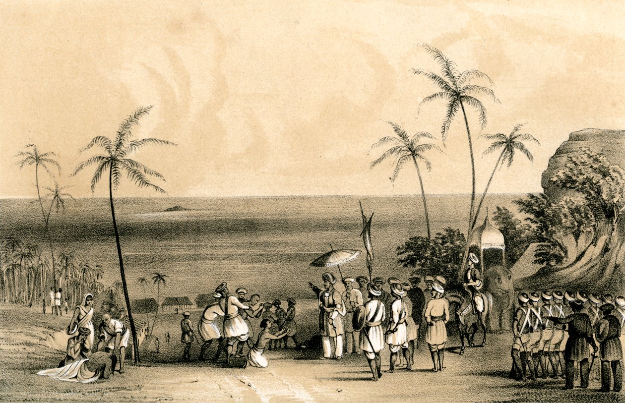 Os comerciantes de Calicut apreenderam e acorrentaram a uma rocha estéril por ordem de Tippoo Saib, 1847 de Unbekannt