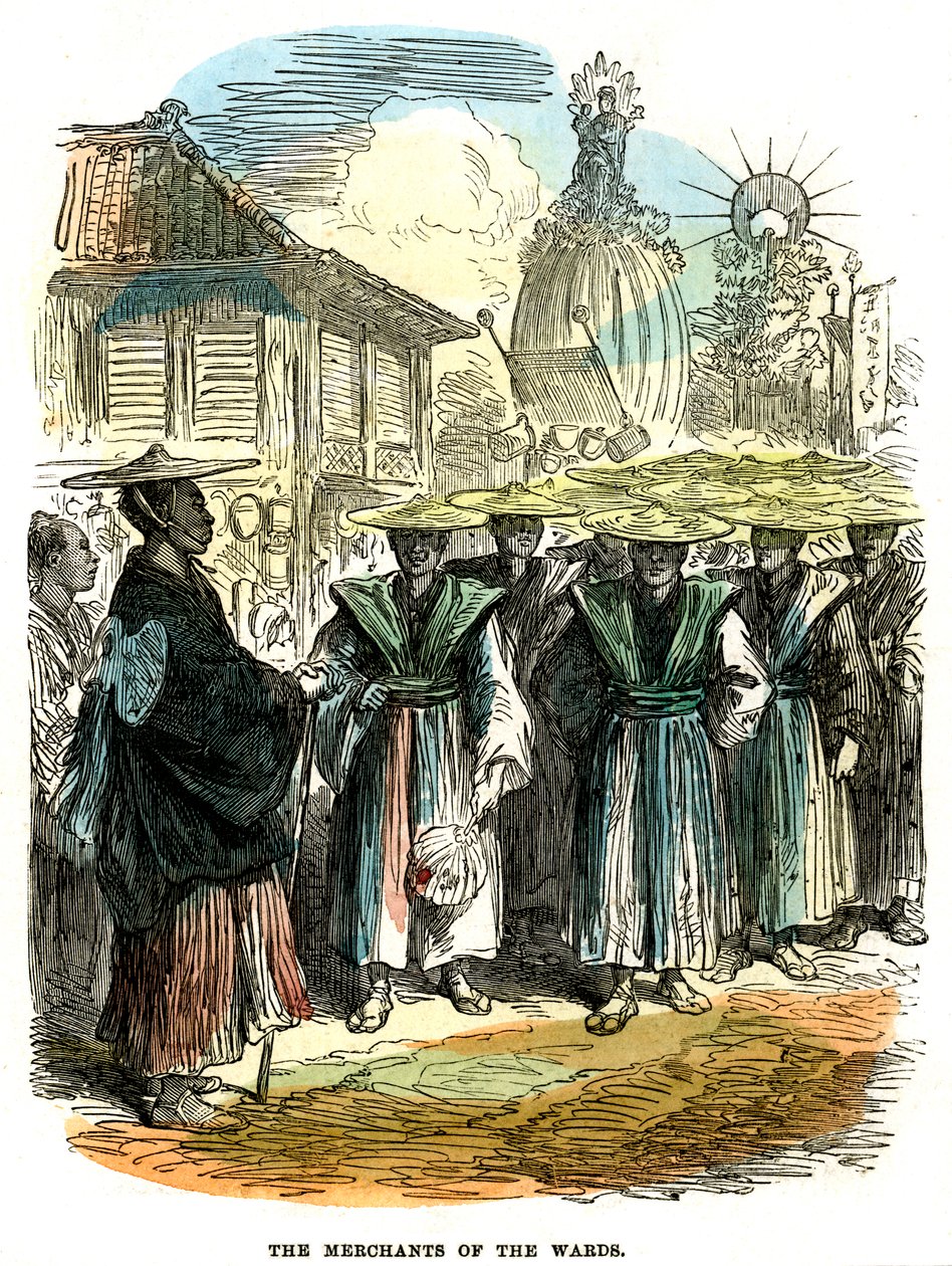 Os comerciantes da ala, procissão do festival de Ano Novo em Yokohama, Japão, 1872 de Unbekannt