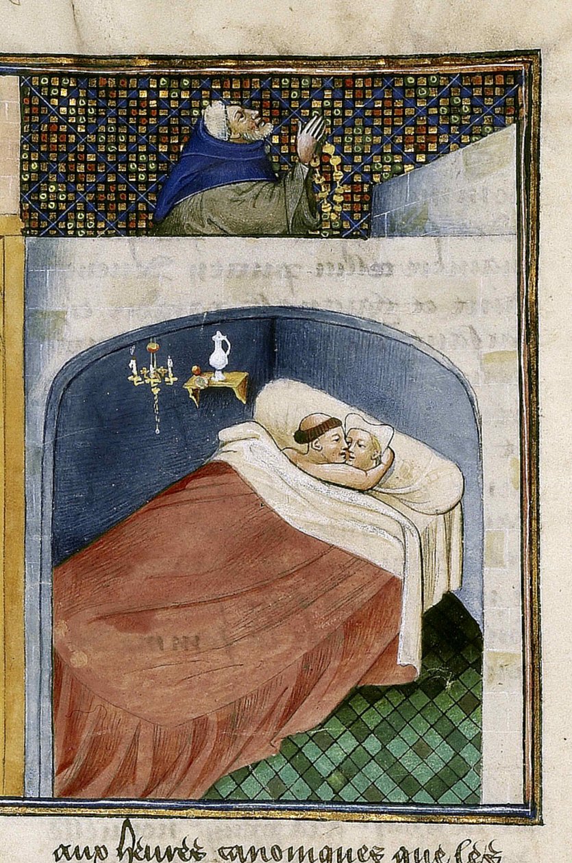 O monge dorme com a esposa enquanto o marido está orando, em 1460. de Unbekannt