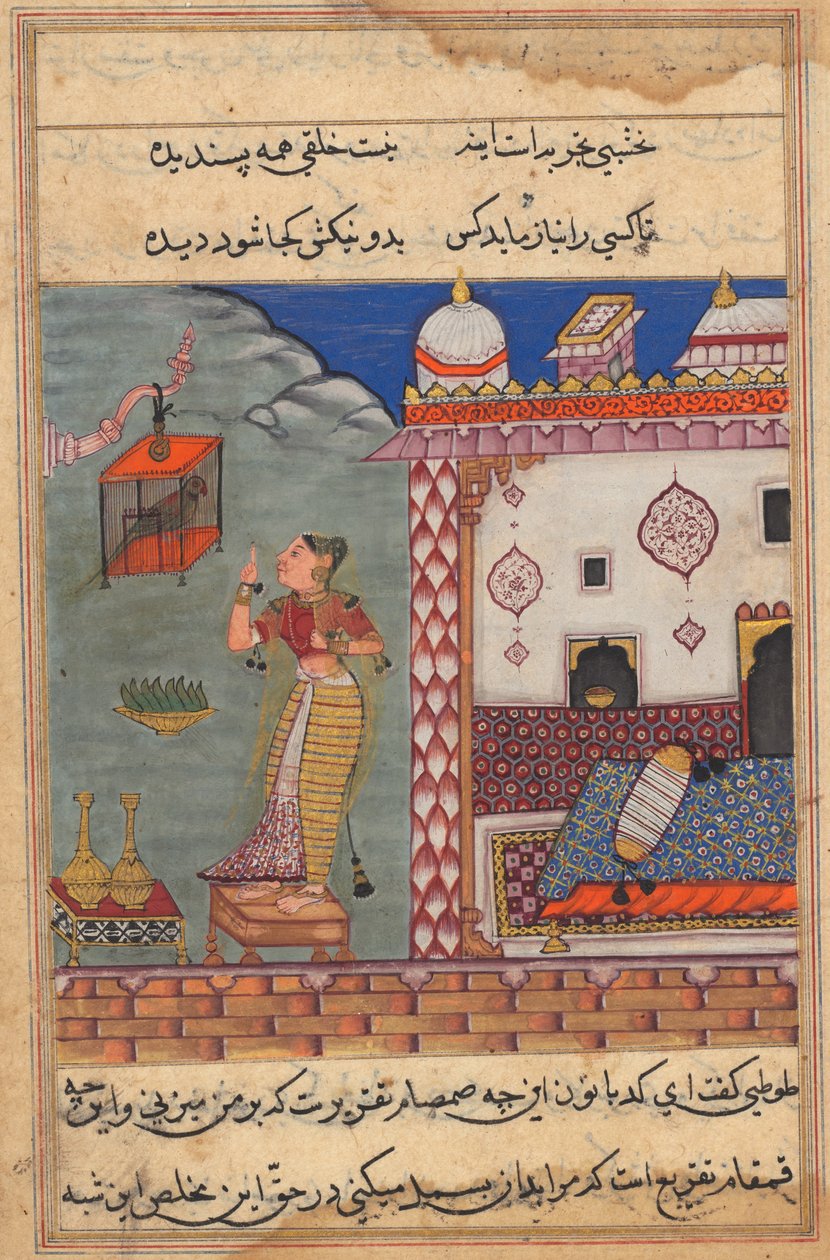 O papagaio se dirige a Khujasta no início da vigésima sétima noite, antes da folha 185 do Tuti-nama de Akbar (Contos de um papagaio) de Unbekannt Unbekannt