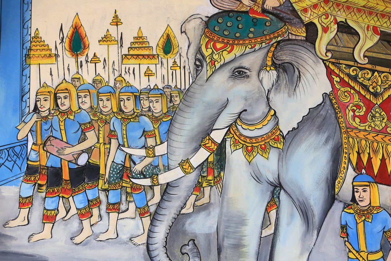 O caminho do esclarecimento. A vida de Buda. Obras de arte de tecto retratando a vida de Buda. Wat Inpeng. Ventiana. Laos, 20151029, Vientiane, Laos de Unbekannt