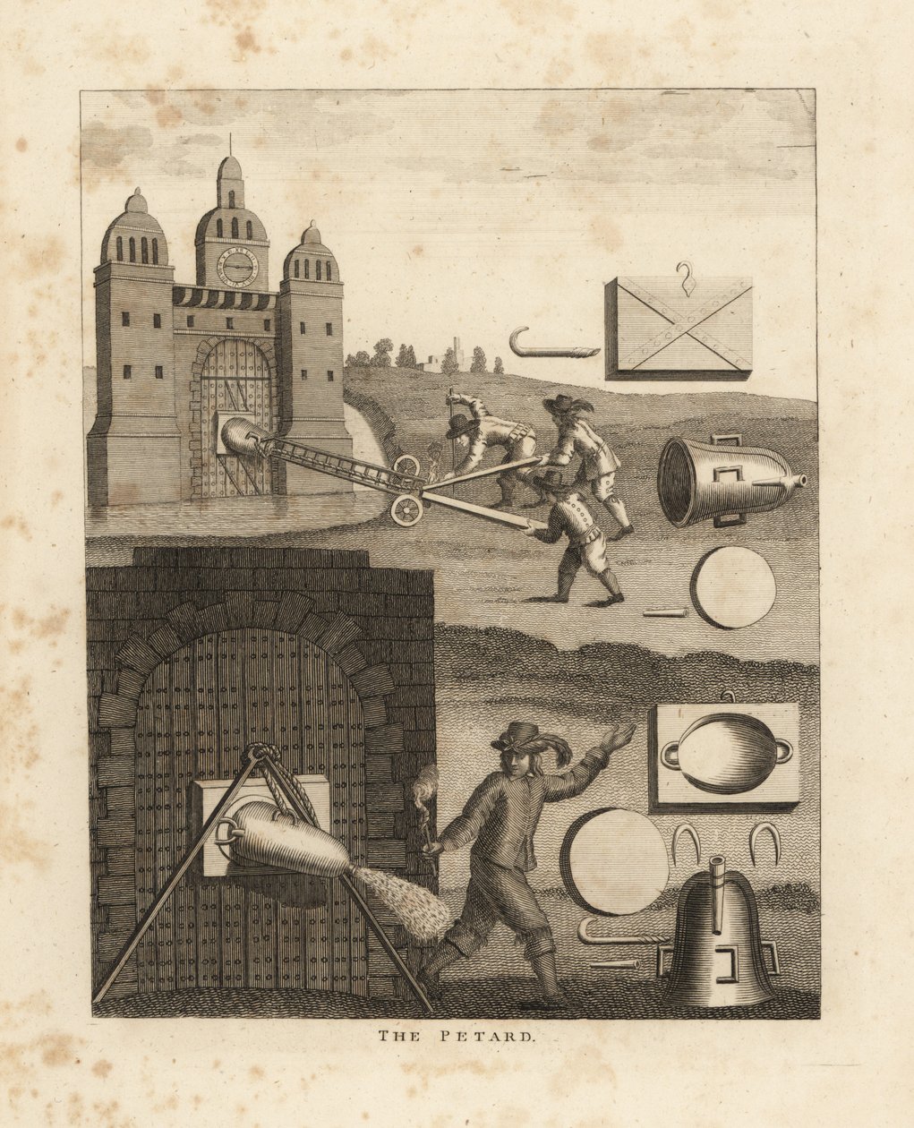 O petardo, um dispositivo explosivo medieval na forma de um cone metálico cheio de pólvora preso a um portão para o rebentar de Unbekannt