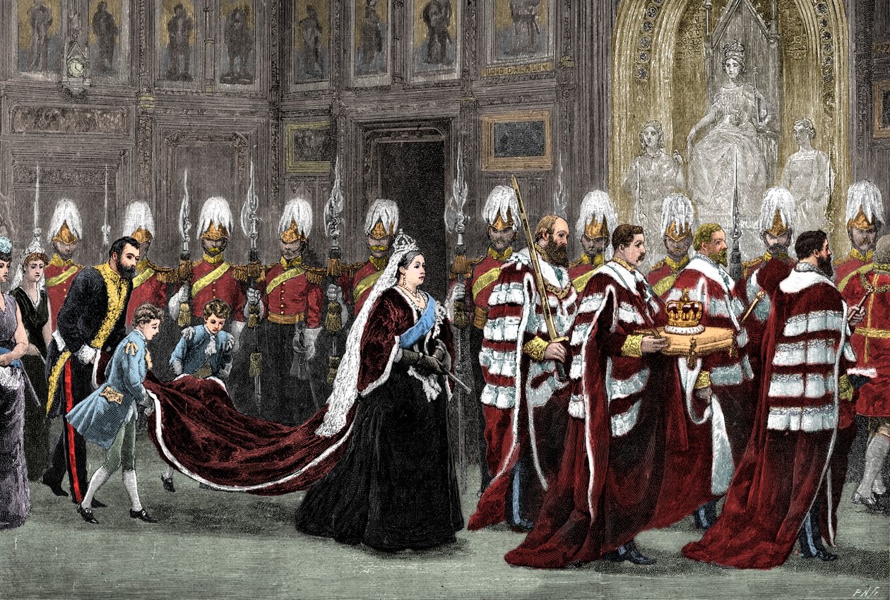 A procissão real no Palácio de Westminster, a caminho da Casa dos Lordes, 1886, 1900 de Unbekannt