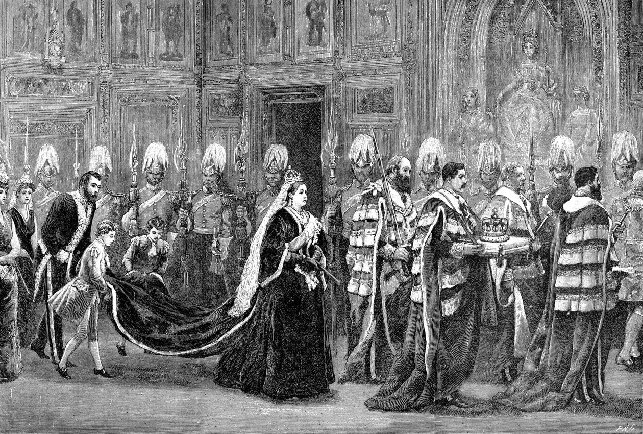 A procissão real no Palácio de Westminster, a caminho da Casa dos Lordes, 1886, 1900 de Unbekannt