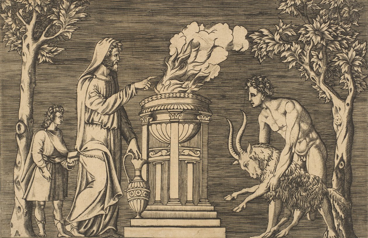 O sacrifício de um carneiro realizado por um homem nu à direita, padre encapuzado à esquerda com um ..., ca. 1515-1600. de Unbekannt