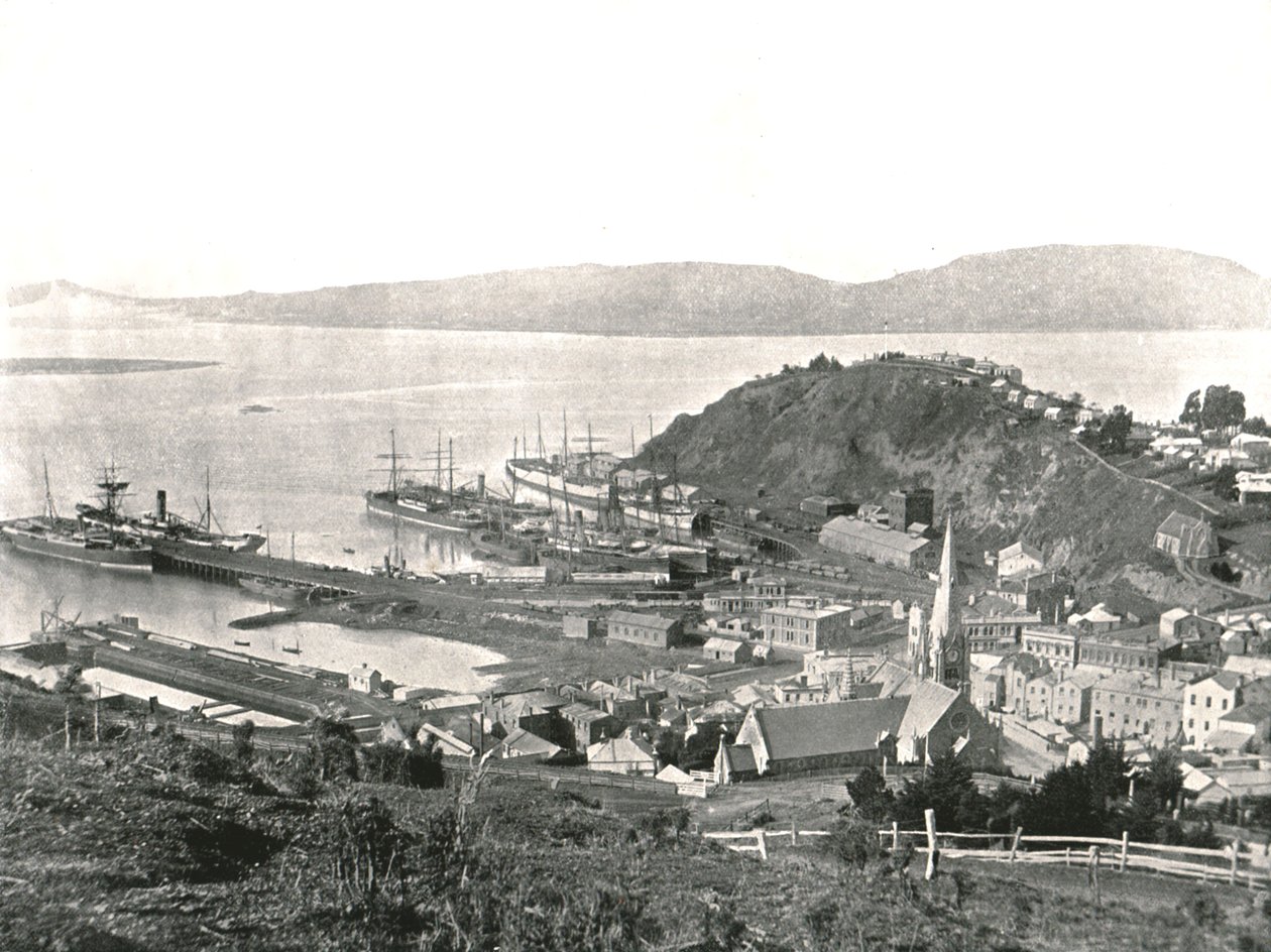 A cidade e o porto, Port Chalmers, Nova Zelândia, 1895. de Unbekannt