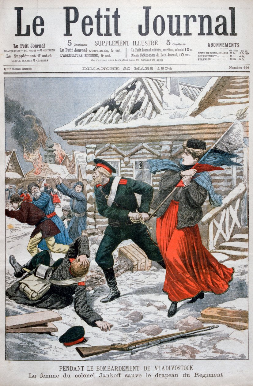 A esposa do coronel Jankoff salvando as bandeiras do regimento, bombardeio de Vladivostok, 1904 de Unbekannt