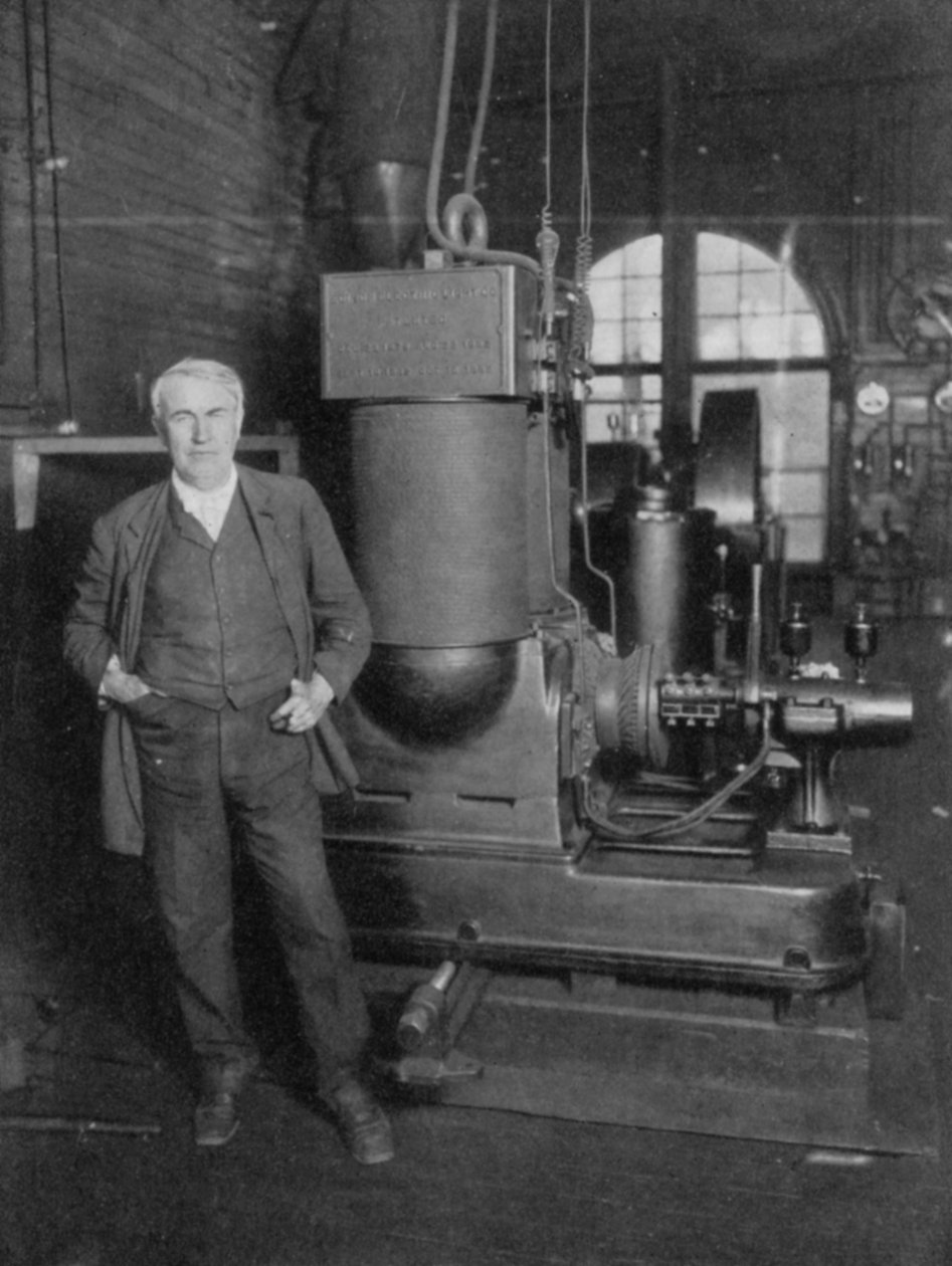 Thomas Alva Edison, inventor americano, com seu primeiro dínamo para produzir luz elétrica, década de 1880 de Unbekannt