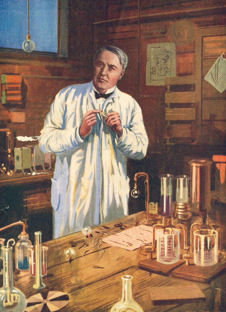 Thomas Edison, inventor americano, em seu laboratório, Menlo Park, Nova Jersey, EUA, década de 1870 de Unbekannt