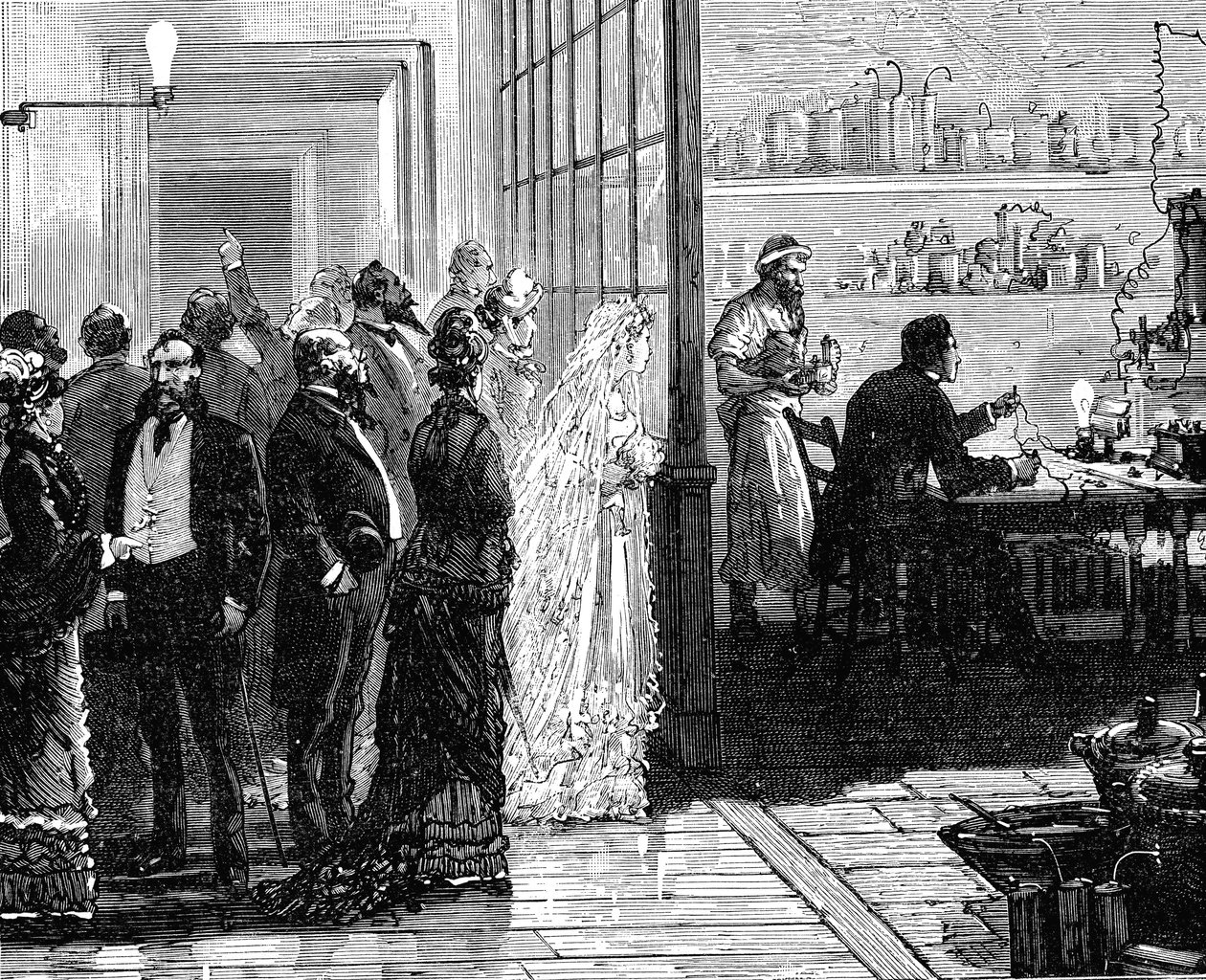 Thomas Edison experimentando lâmpadas elétricas no dia do casamento, 1871 1883 de Unbekannt