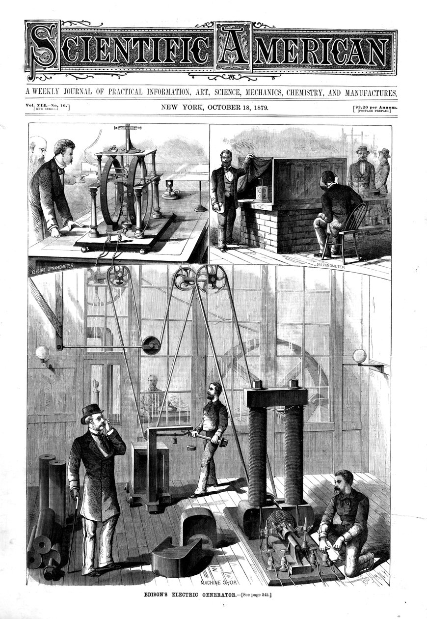 Gerador de Thomas Edisons para luz elétrica em sua casa em Menlo Park, Nova Jersey, EUA, 1879 de Unbekannt