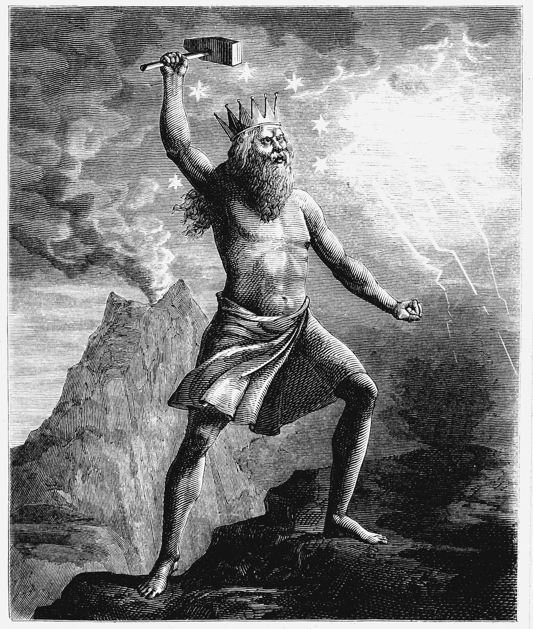Thor, deus do trovão no panteão escandinavo, empunhando seu martelo, 1874 de Unbekannt