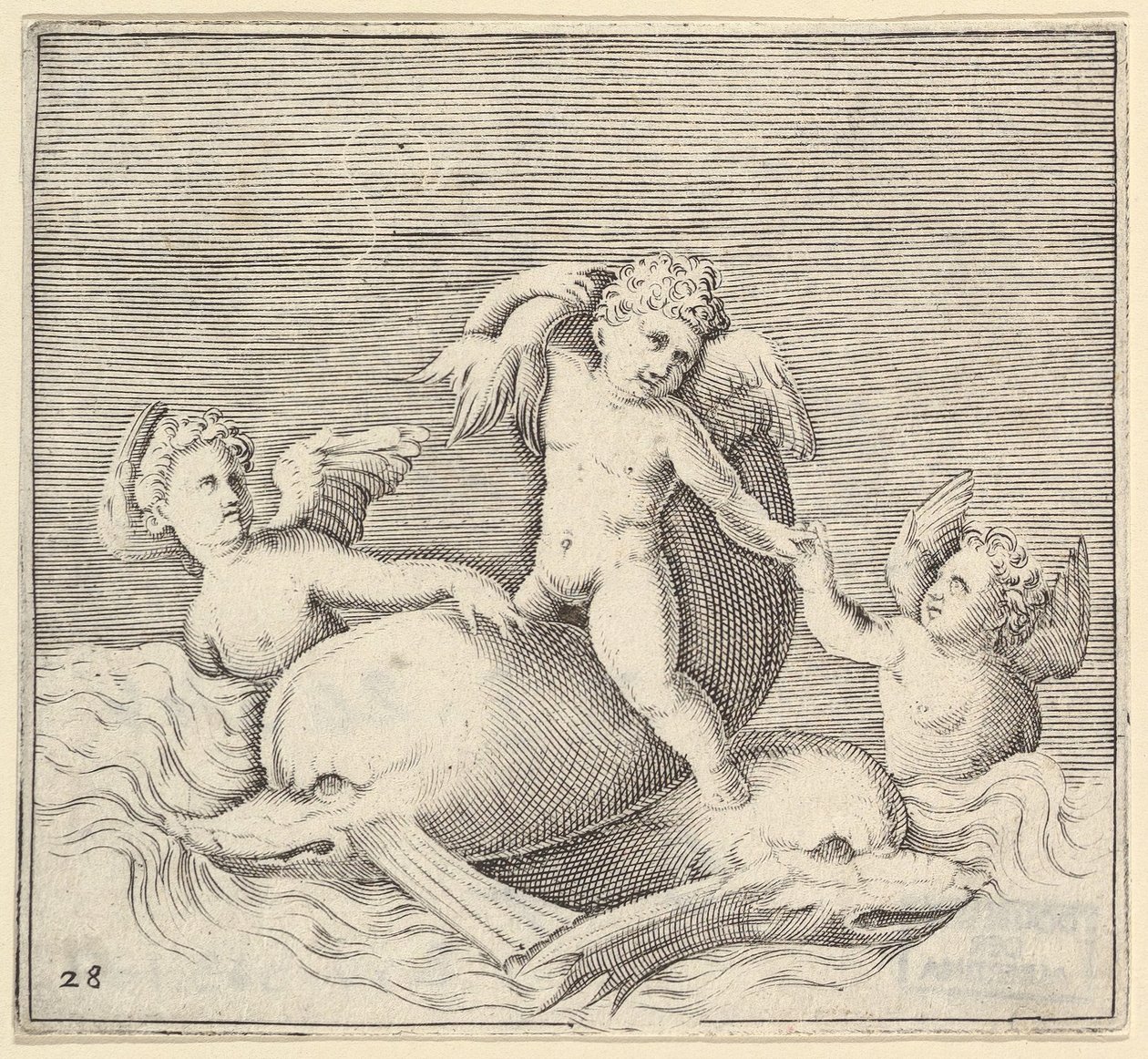 Três Cupidos e Dois Golfinhos, publicado ca. 1599-1622. de Unbekannt
