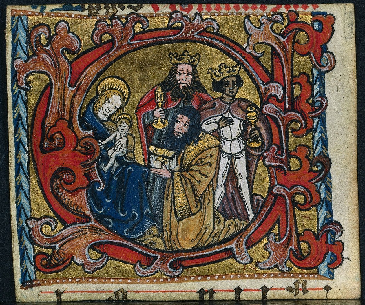 Três estacas de um missal: C inicial com a adoração dos Reis Magos, c. 1470-1500. de Unbekannt