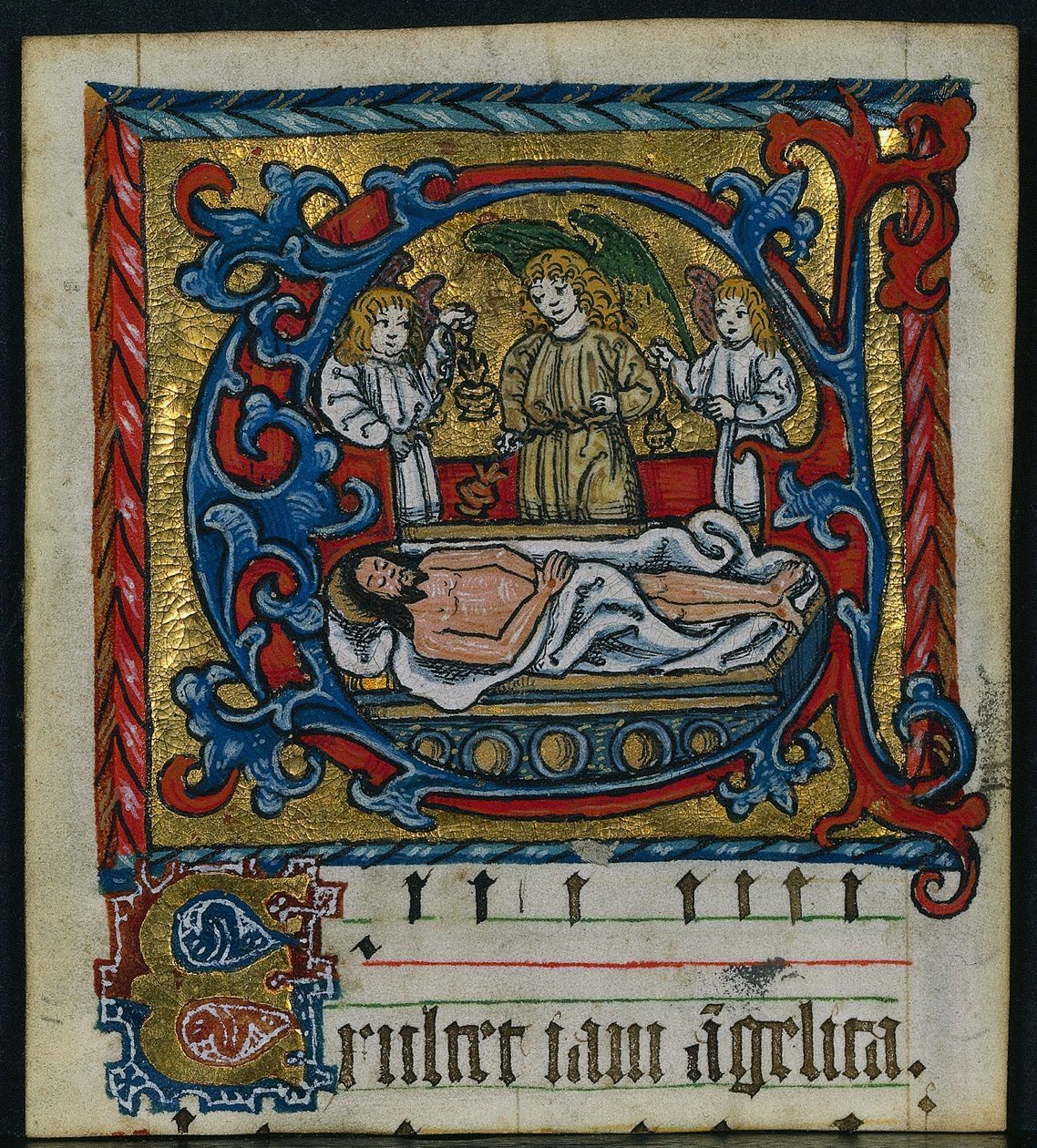 Três cortes de um missal: E inicial com os anjos do sepultamento, c. 1470-1500. de Unbekannt