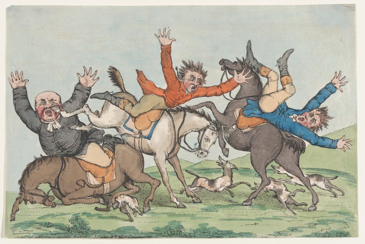 Três cavaleiros caem de suas montarias, 1780-1820. de Unbekannt
