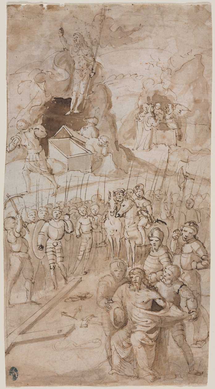 Três cenas da Paixão de Cristo retomam o Esboço arquitetônico verso, 1500s. de Unbekannt