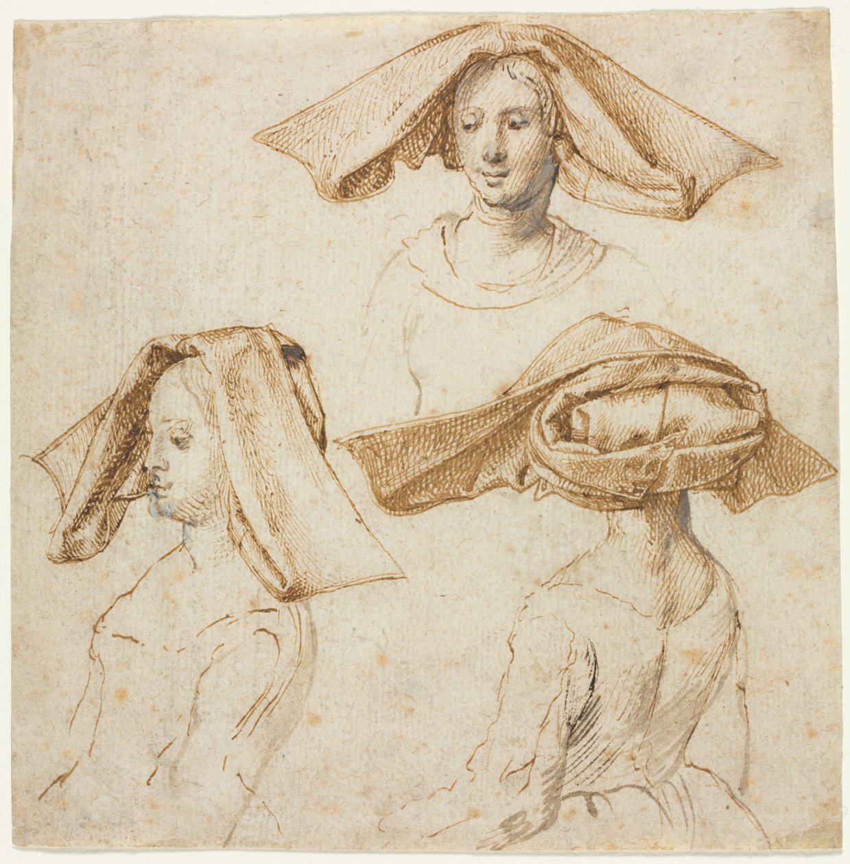 Três estudos de uma mulher usando um cocar elaborado, c. 1500. de Unbekannt