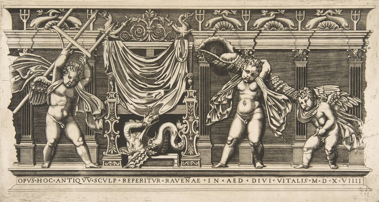 Três cupidos em frente a uma fachada com pilastras, um segurando um tridente e outro ..., ca. 1515-1600. de Unbekannt