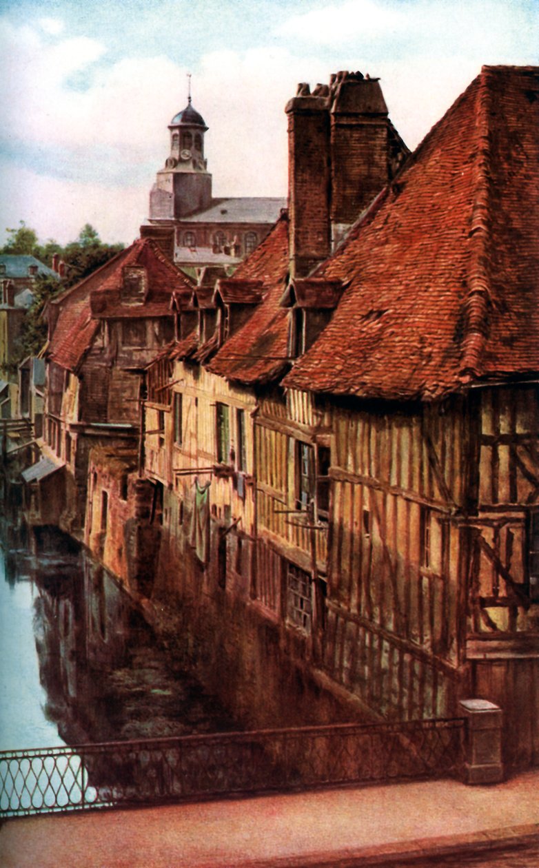 Casas de madeira pela Pont de Caen em Caudebec-en-Caux, Normandia, França, c1930s de Unbekannt