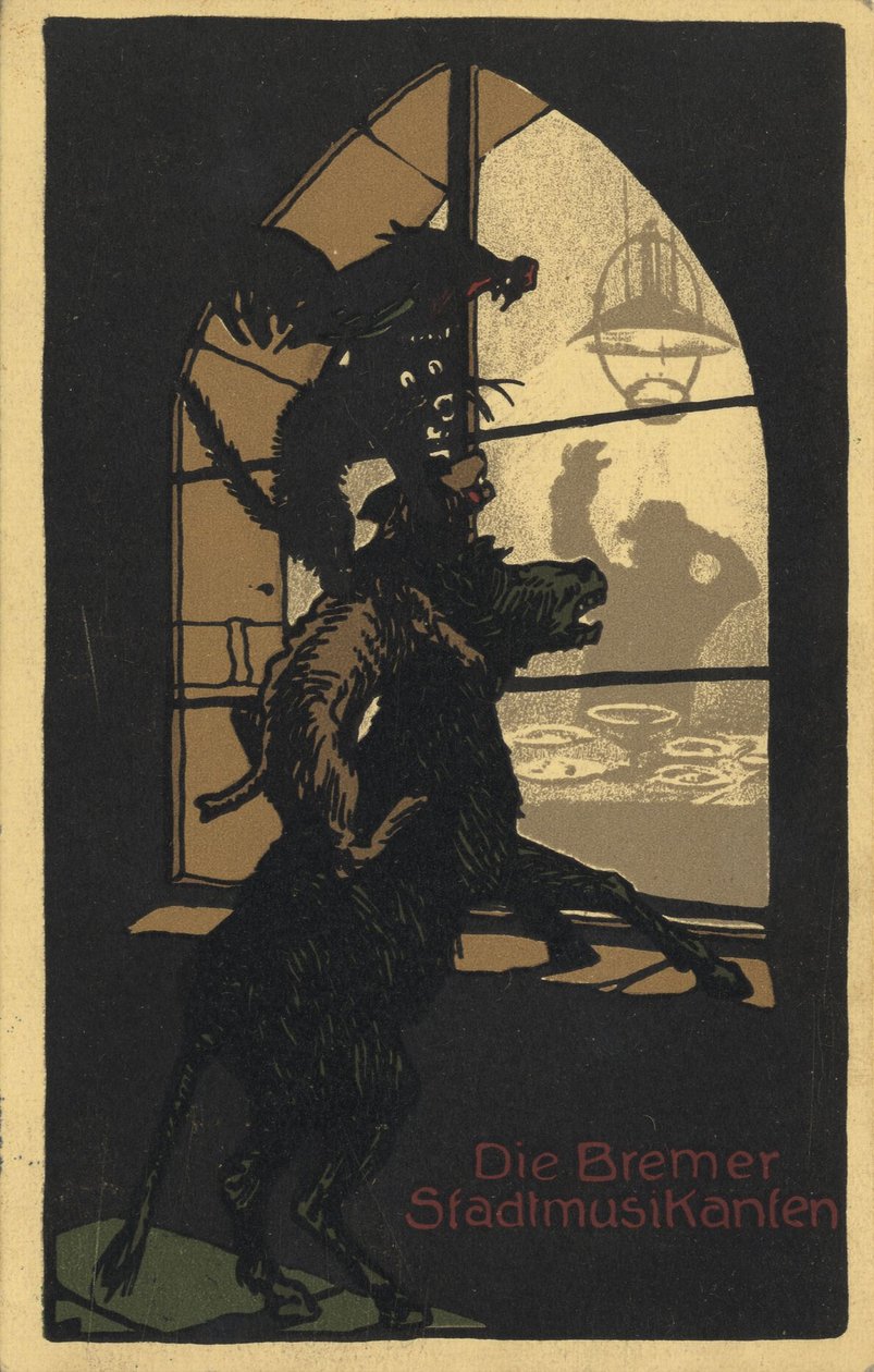 Design do título do livro Músicos da Cidade de Bremen, pelos Irmãos Grimm, década de 10 de Unbekannt