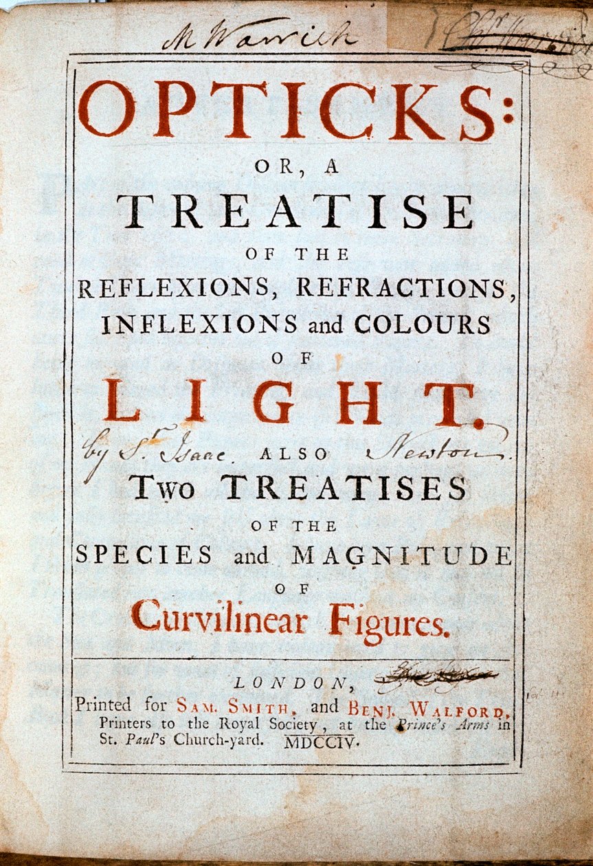 Página de rosto do Opticks, do cientista e matemático inglês Isaac Newton, 1794 de Unbekannt