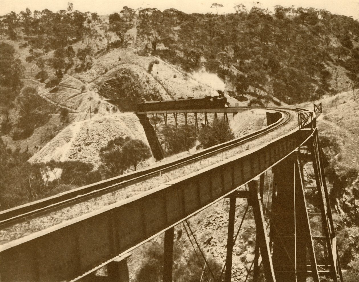 Treine a passagem sobre o viaduto, montagem Lofty Range, Sul da Austrália, 1930. de Unbekannt