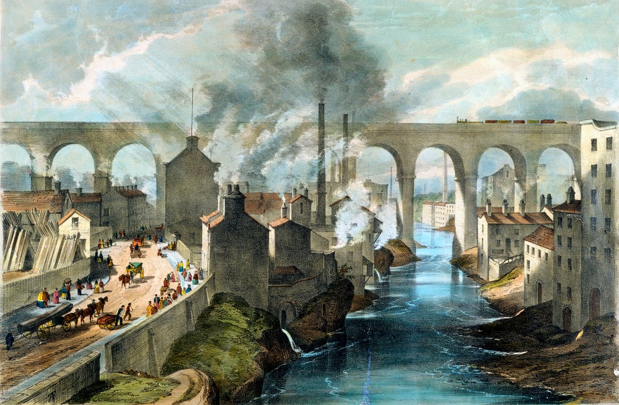 Trem cruzando o viaduto de Stockport na London & North Western Railway, c1845 de Unbekannt