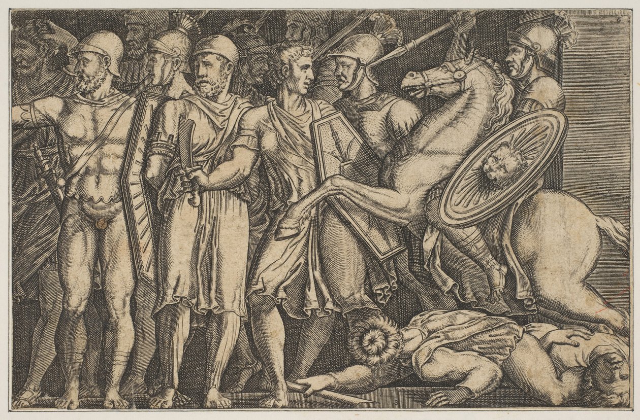 Trajano Combatendo os Dacianos, Trajano a cavalo, andando a cavalo em direção a um grupo ..., ca. 1515-1600. de Unbekannt