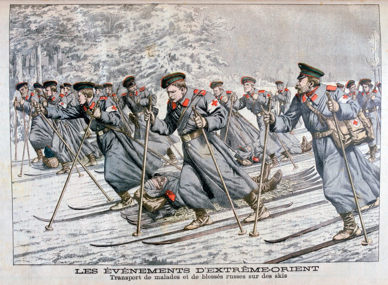 Transporte de tropas russas doentes e feridas em esquis, Guerra Russo-Japonesa, 1904 de Unbekannt