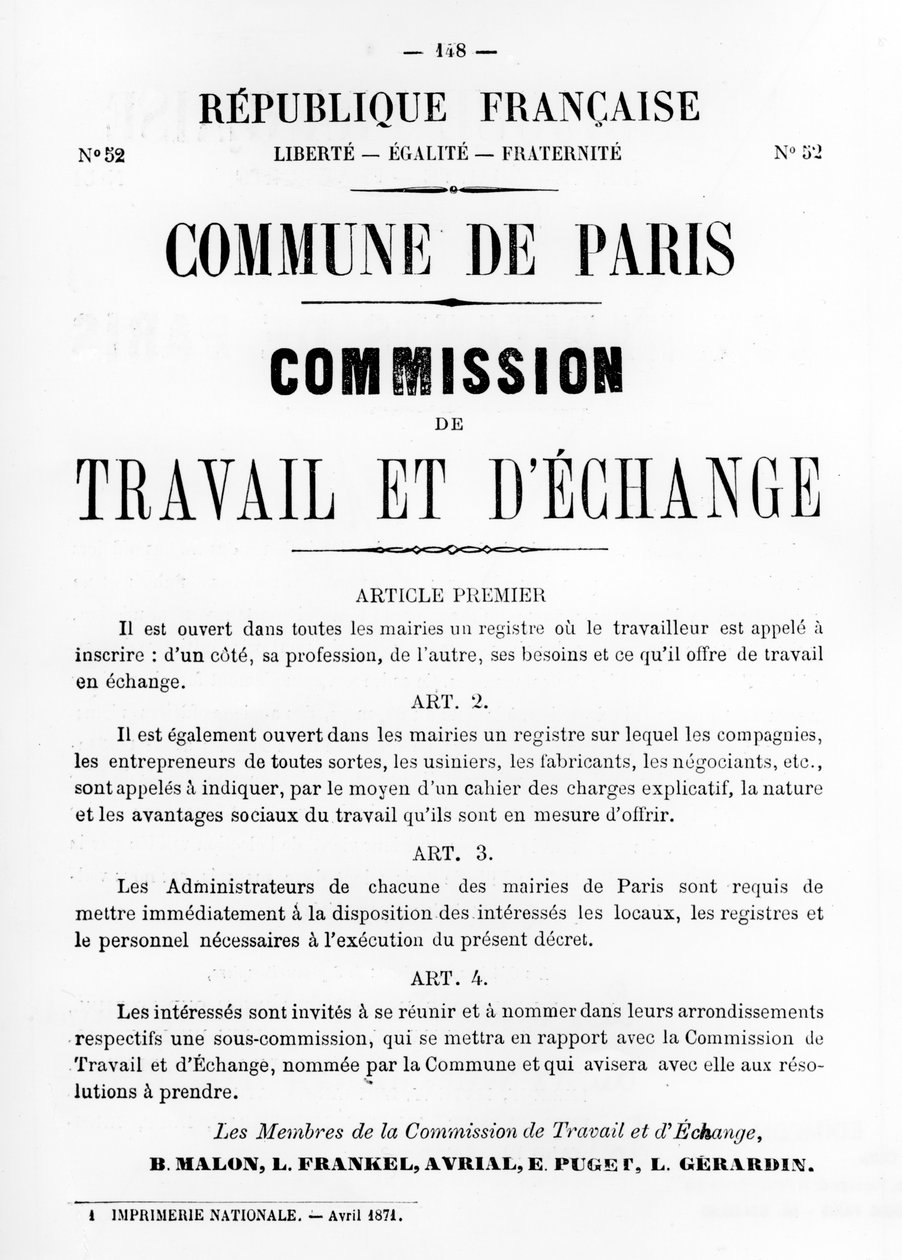 Travail et DEchange, dos pôsteres políticos franceses da Comuna de Paris, maio de 1871 de Unbekannt