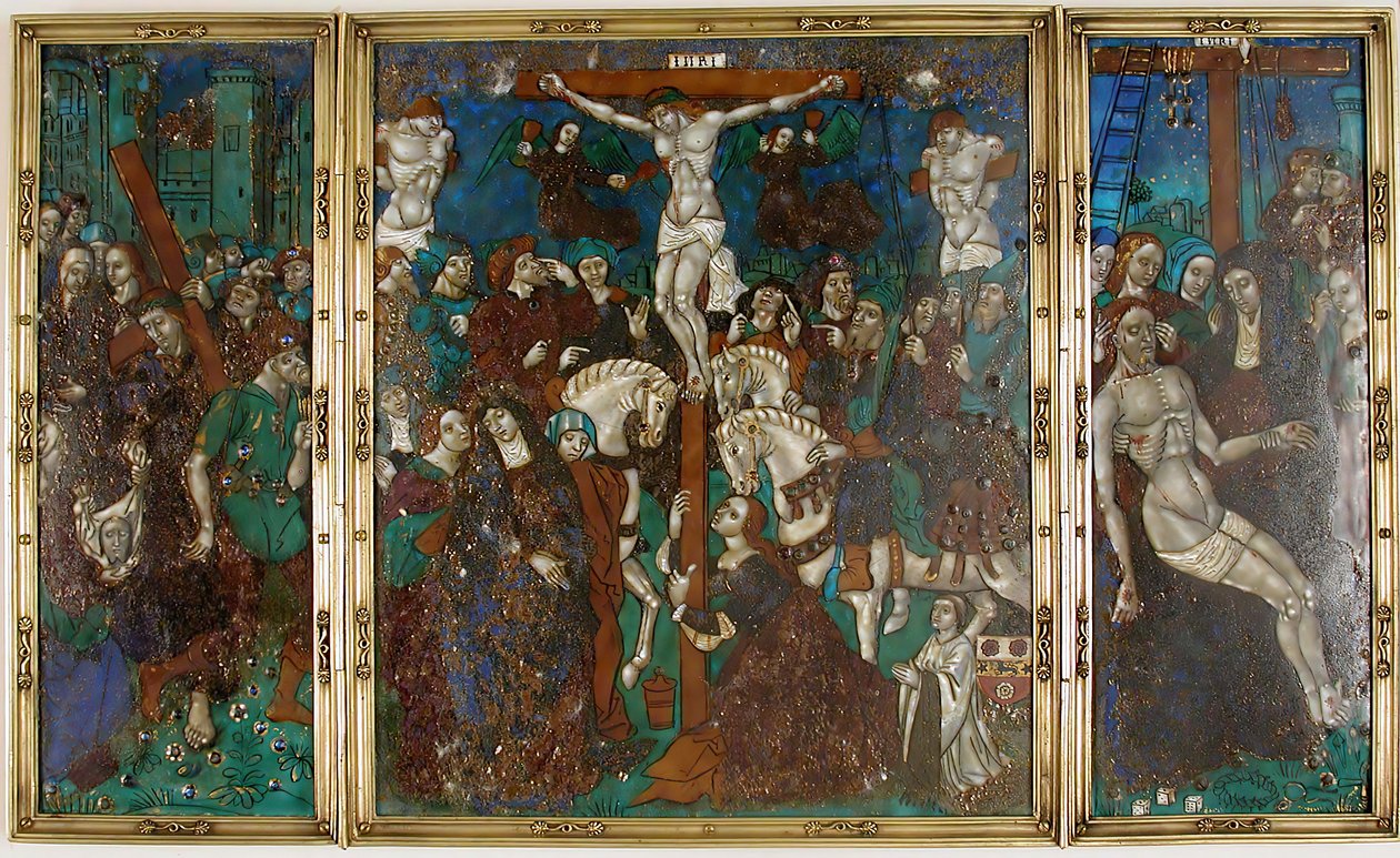 Tríptico com Caminho do Calvário, Crucificação e Descida da Cruz, francês, século XVI. de Unbekannt