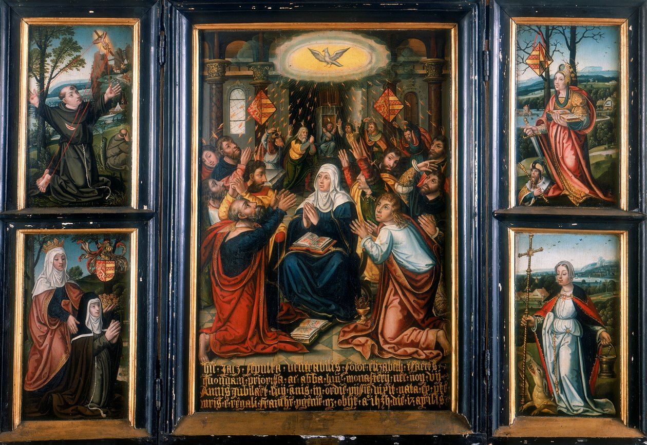 Tríptico, com o painel central mostrando o Espírito Santo no Pentecostes de Unbekannt