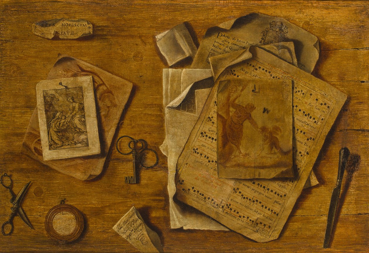Trompe-lil com partitura, desenhos e chaves, c. 1800 de Unbekannt