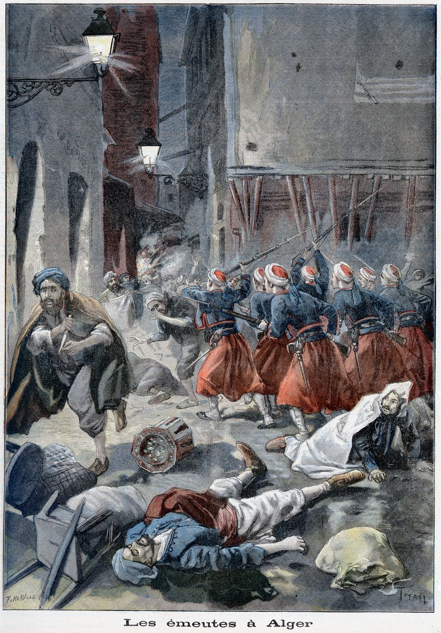 Tropas que tentam limpar ruas durante tumultos anti-judeus, Argel, Argélia, 1898 de Unbekannt