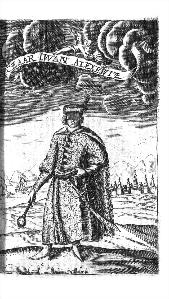 O czar Ivan V Alexeyevich de Georg Adam Schleissing Derer beyden Czaaren em Reussland Iwan e Peter Alexewiz, 1693 de Unbekannt
