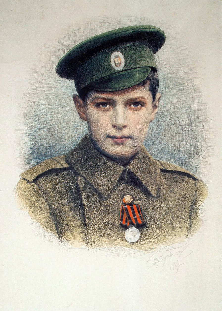 Tsarevich Alexei como um cabo-lança do exército russo, 1917 de Unbekannt