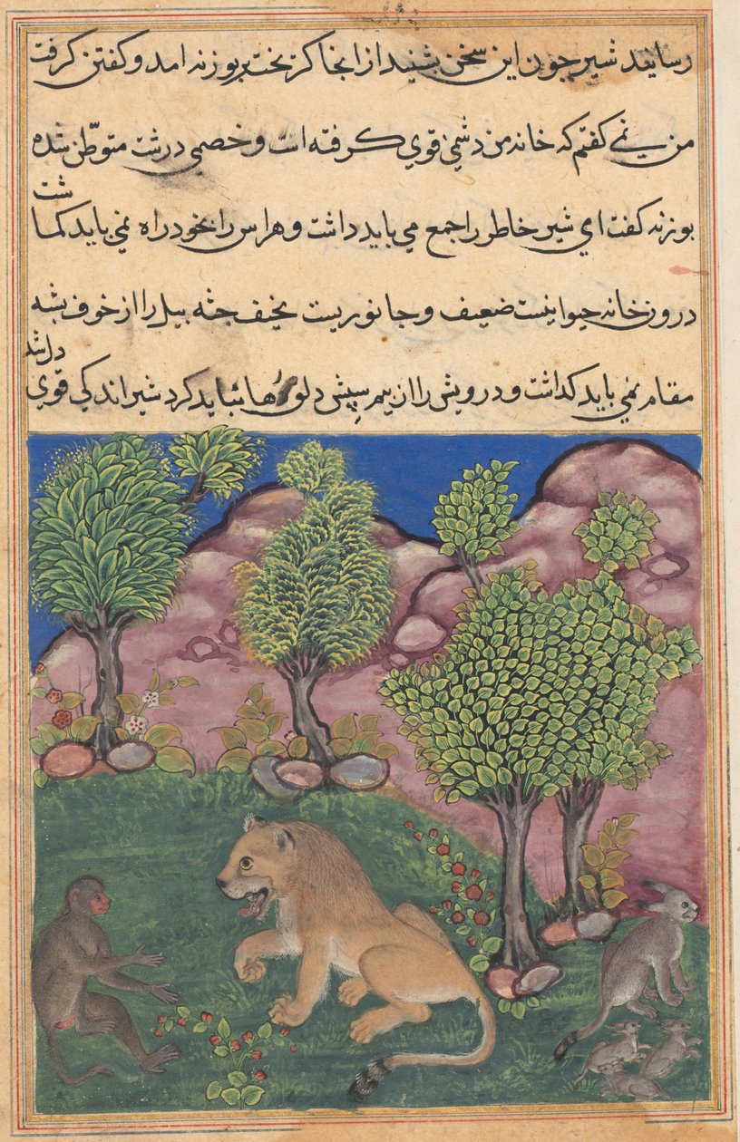 Contos Tuti-Nama de um papagaio: Conto XXVIII: O macaco aconselha o leão suspeito ..., c. 1560 de Unbekannt