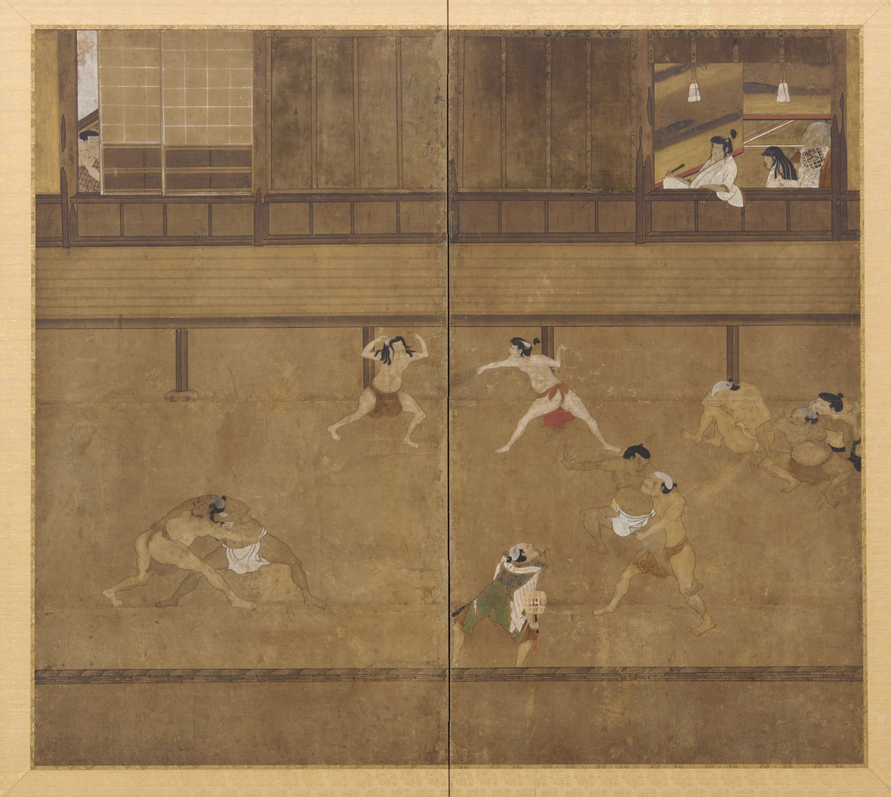 Tela de dois painéis representando lutadores, período Edo, século XVII. de Unbekannt