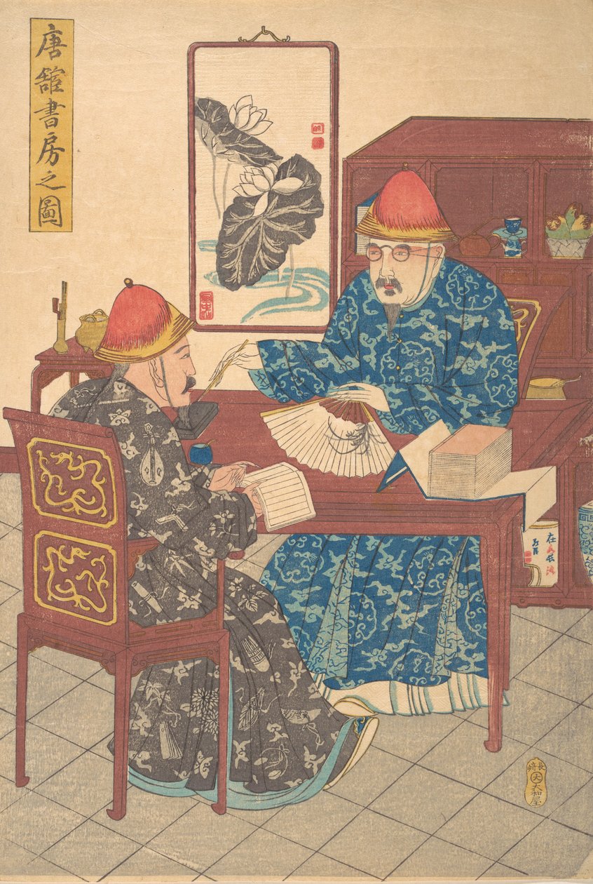Dois estudiosos chineses praticando caligrafia em seu estúdio, ca. 1840., de Unbekannt